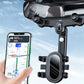 Rearview mirror phone holder with phone cradled, swivel center and side clamps, dark gray
