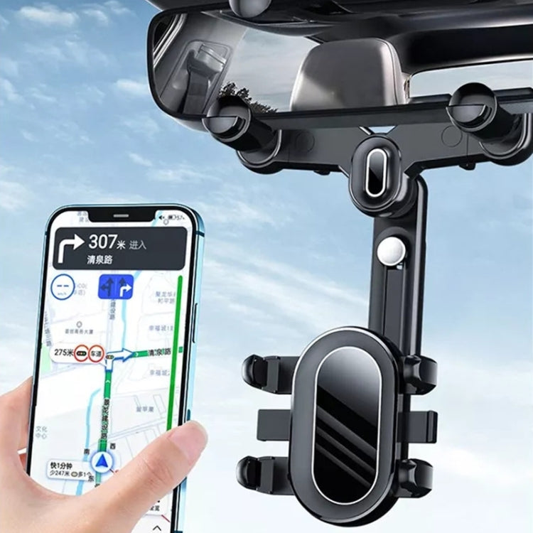 Rearview mirror phone holder with phone cradled, swivel center and side clamps, dark gray