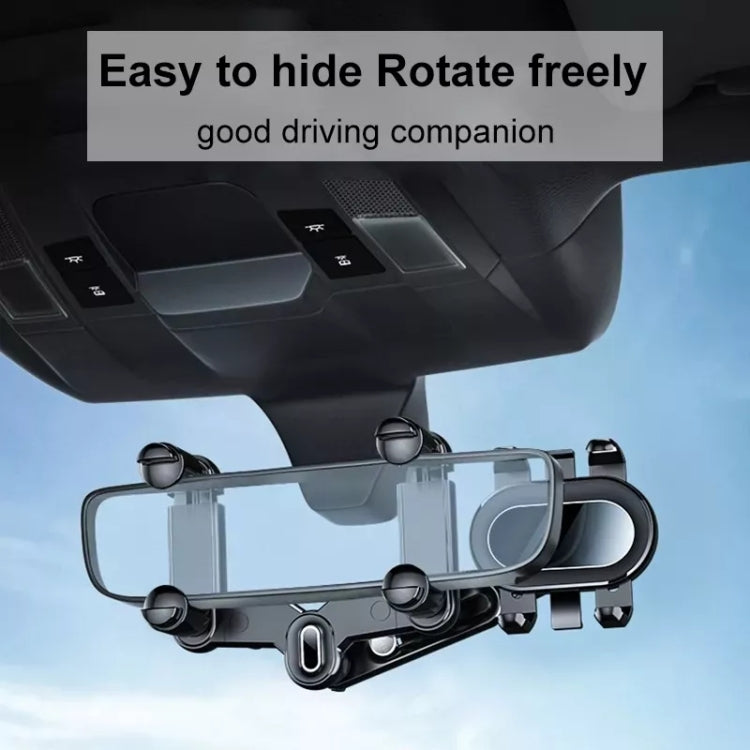 Rearview mirror phone holder with open clamp frame and clear phone cradle, dark gray