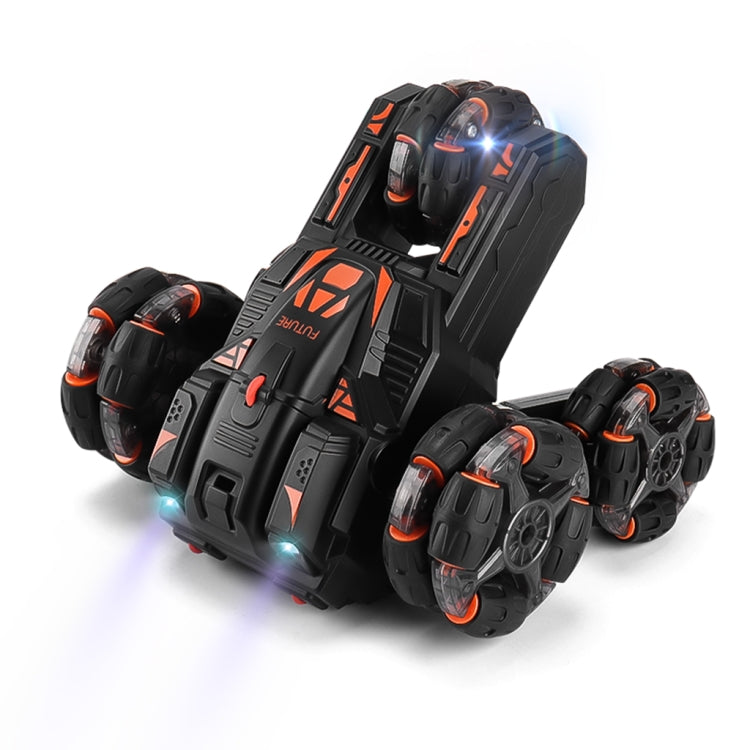 Black five-wheeled RC stunt car with orange accents and four LED lights