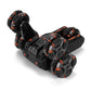 Black five-wheel stunt RC car with orange details and front wheel LEDs