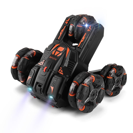 Black five-wheeled RC stunt car with orange accents and four LED lights