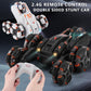 White and black RC stunt cars with remote control and hands, double-sided view