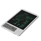 Portable LCD writing tablet with green handwriting on black screen and small date display
