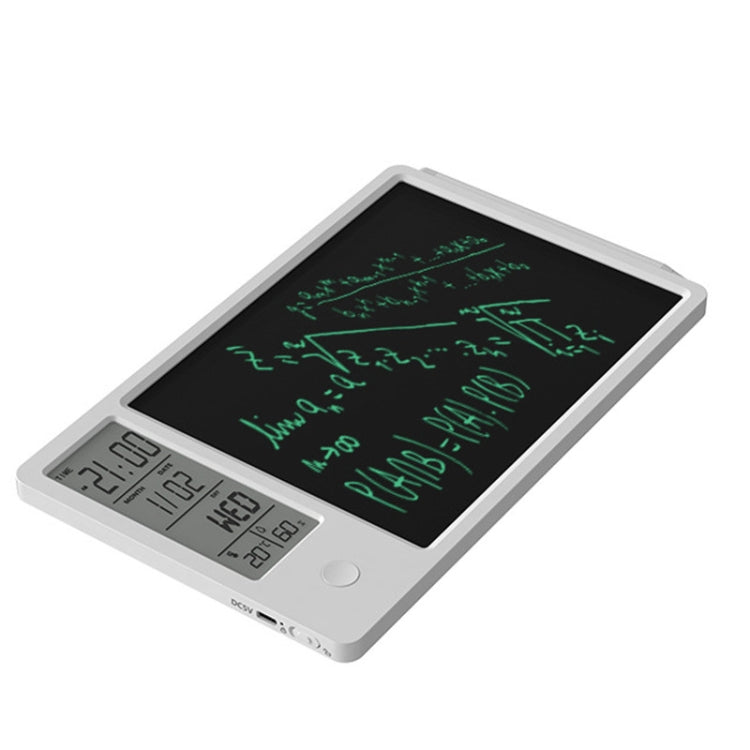 Portable LCD writing tablet with green handwriting on black screen and small date display