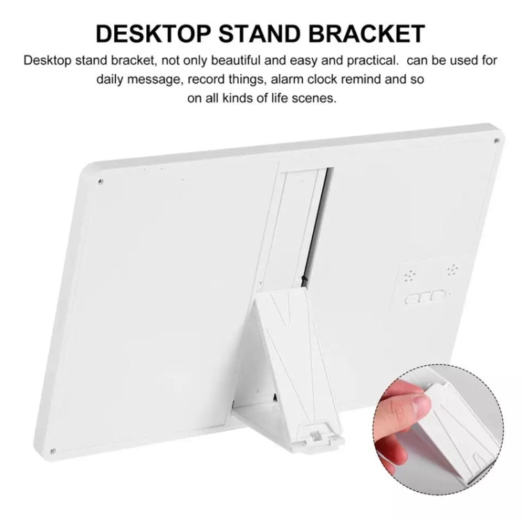 White desk stand bracket for an LCD writing tablet with adjustable viewing angle