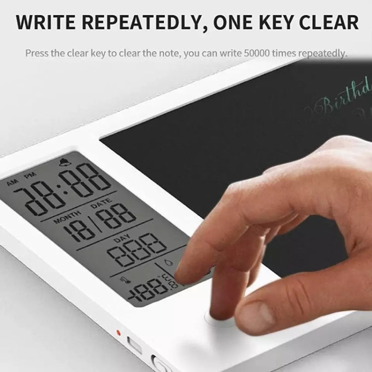 White LCD writing tablet with digital calendar and one-button clear for notes