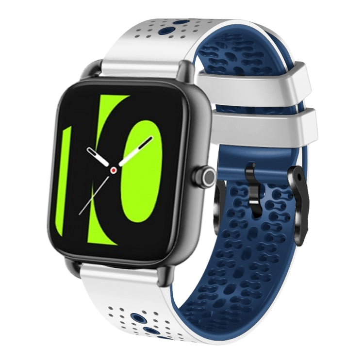 Perforated two-tone silicone watch band with dark blue and light gray sections, 22mm.