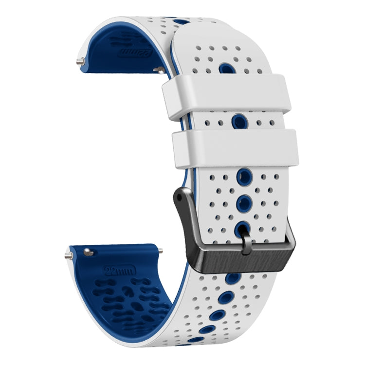 Perforated two-tone silicone watch band, white with blue accents and secure clasp