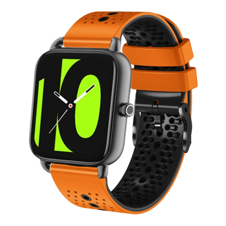 Perforated two-tone silicone watch band with orange and black sections, secure clasp