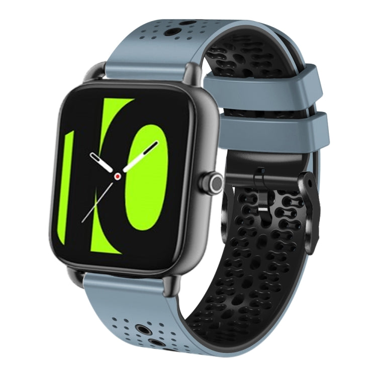 Perforated two-tone silicone watch band, light gray-blue with black backing and clasp