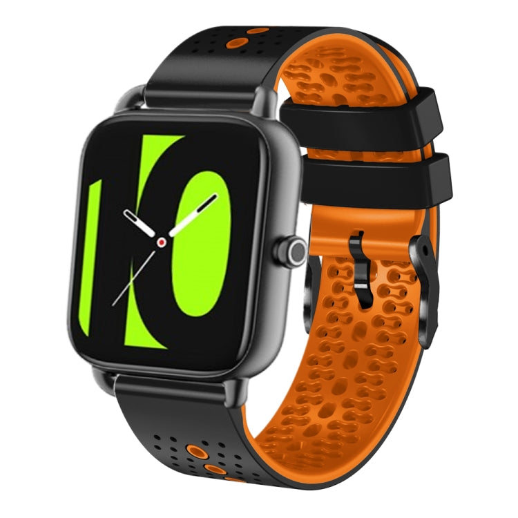Perforated two-tone silicone watch band, orange top with black textured body and clasp