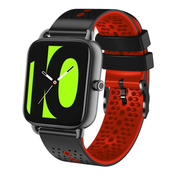 Perforated two-tone silicone watch band, red top with black textured body and clasp