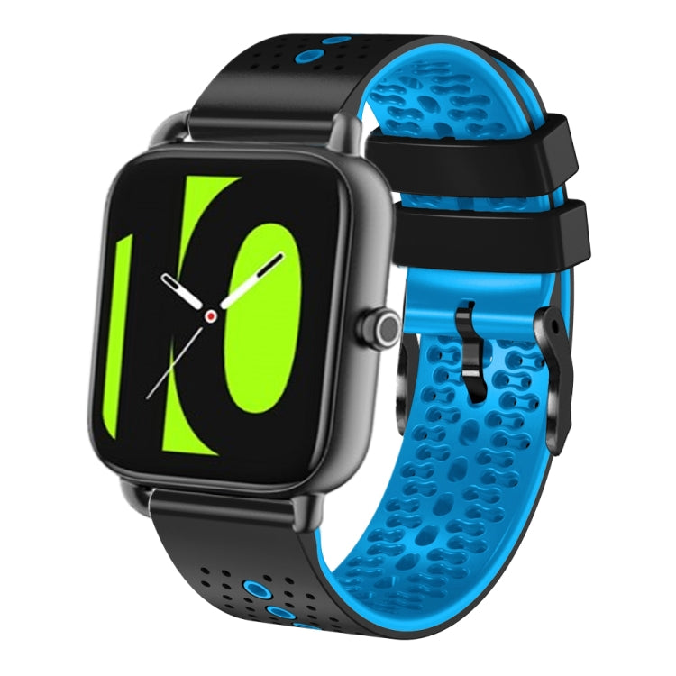 Perforated two-tone silicone watch band, bright blue top with black textured underside