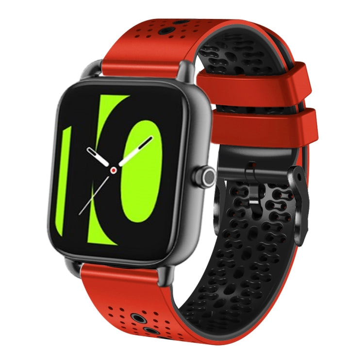 Perforated two-tone silicone watch band, red top with black textured underside and clasp