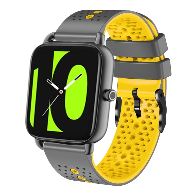 Perforated two-tone silicone watch band with yellow and dark gray sections, 22mm.