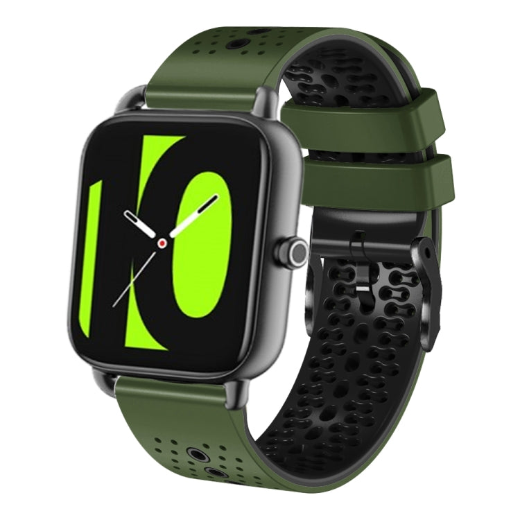 Perforated two-tone silicone watch band with olive green and black sections, 22mm.