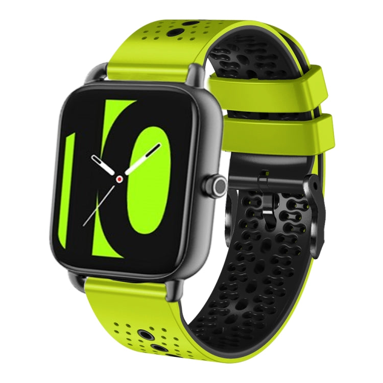 Perforated two-tone silicone watch band with bright green and black sections, 22mm.