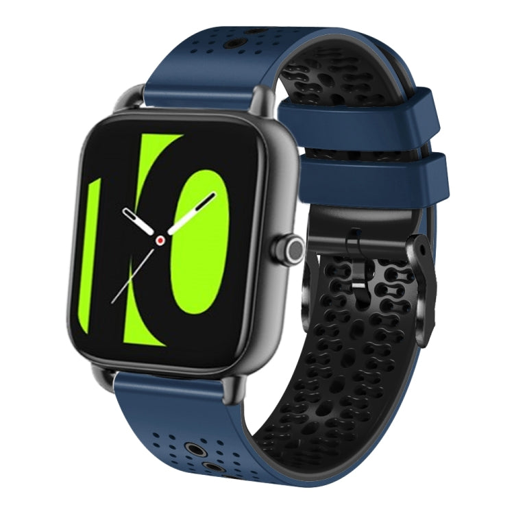 Perforated two-tone silicone watch band with blue and black sections, 22mm.