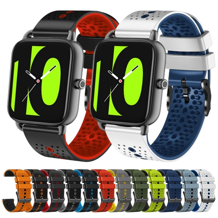 Perforated two-color silicone watch band set in multiple colors, shown on smartwatches