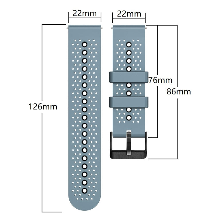 22mm perforated silicone watch band size diagram with width and length measurements.