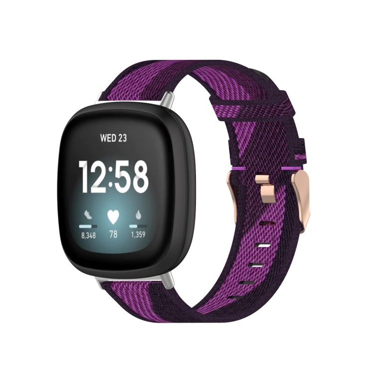 Nylon weave watch band with purple strap and rose-gold buckle for Fitbit watch