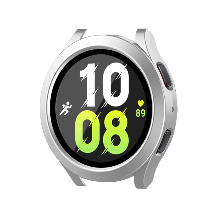 Silver full-coverage waterproof case with PC frame and 9H tempered glass for Galaxy Watch 44mm