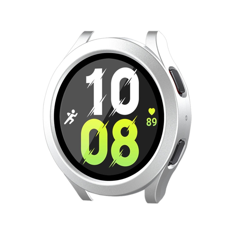 Matte silver full-coverage waterproof case with PC frame and 9H tempered glass for Galaxy Watch 44mm