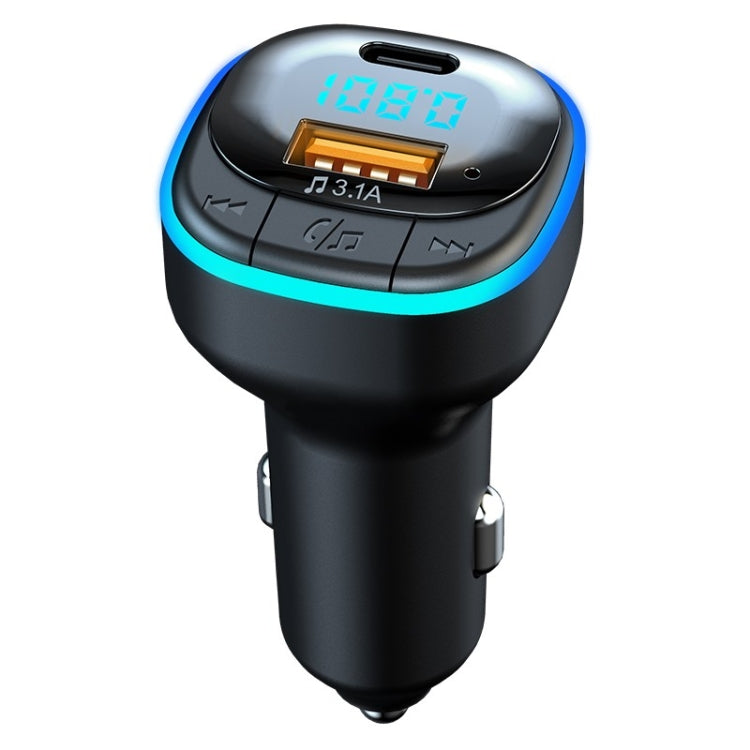 Black car USB-C fast charger with digital display and blue LED ring