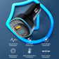 Black car charger with USB-C port and glowing blue ring with protection icons
