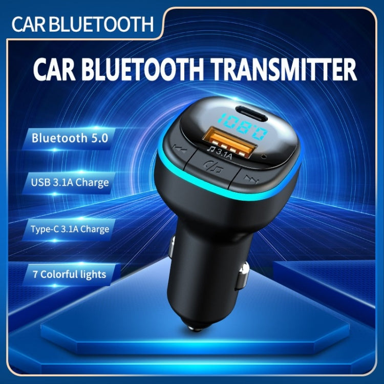 Black car charger with illuminated blue ring and digital charging display