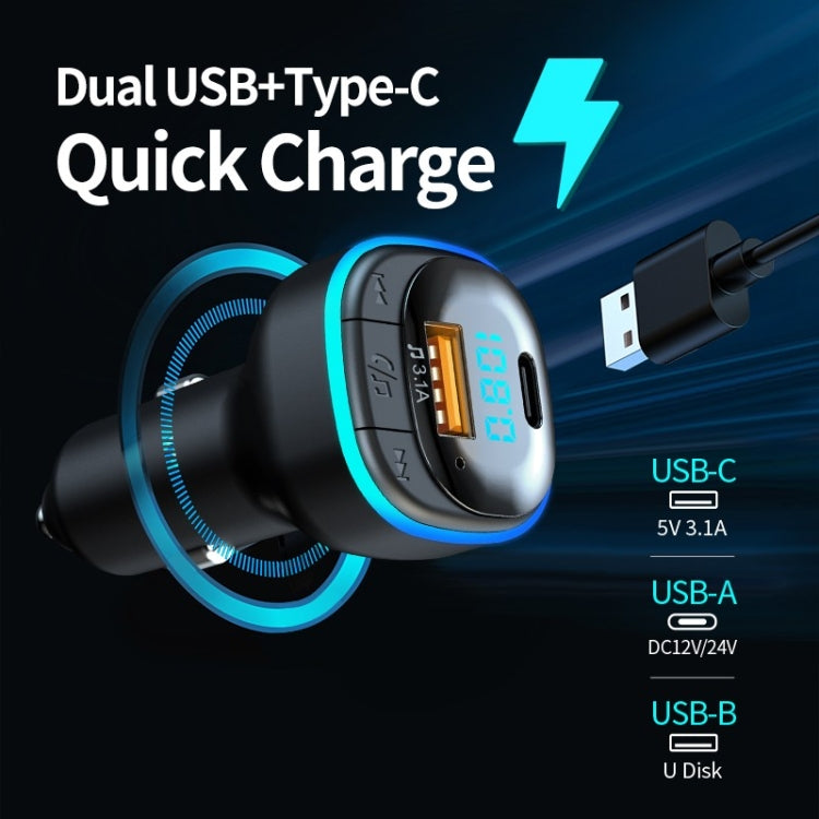 Black car charger with dual USB and Type-C ports, blue LED quick charge ring