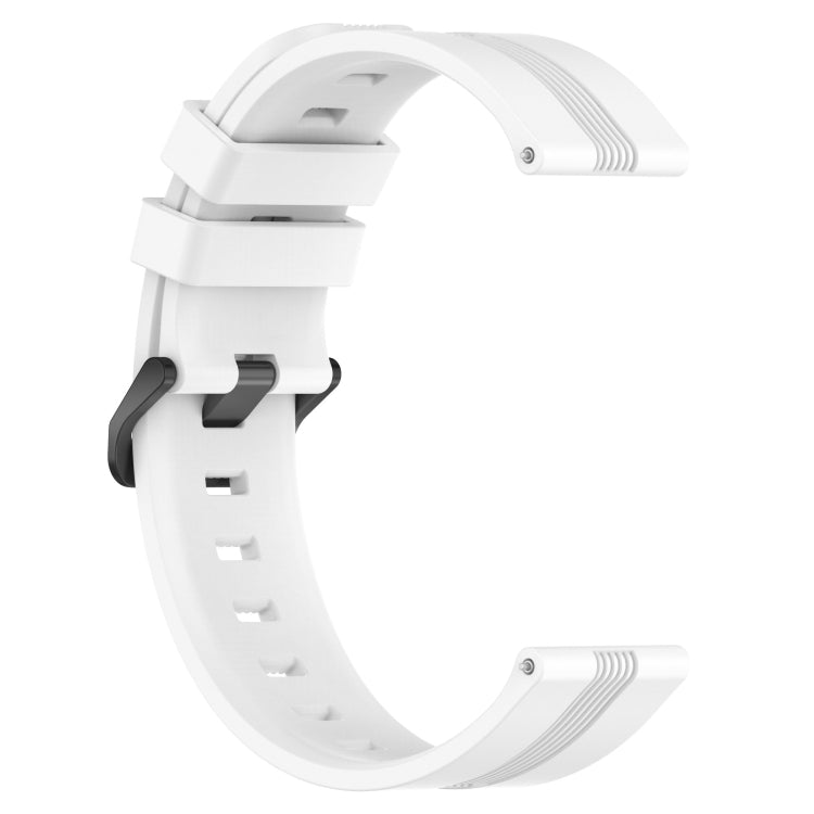 White silicone watch band with concave striped texture and buckle clasp, side view