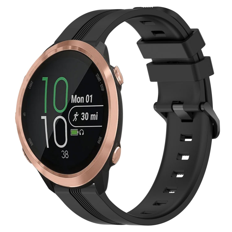 Black silicone watch band with concave striped texture and buckle clasp