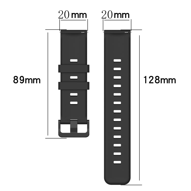 Black 20mm silicone watch band diagram with 89mm and 128mm length measurements