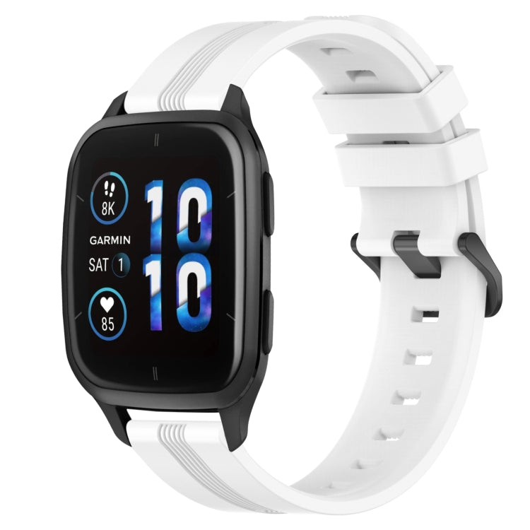 Concave striped silicone watch band in white with buckle, worn on a black smartwatch