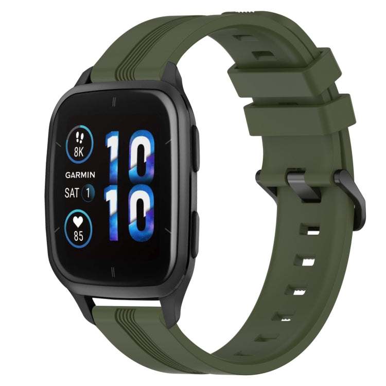 Concave striped silicone watch band in olive green with buckle, worn on a black smartwatch