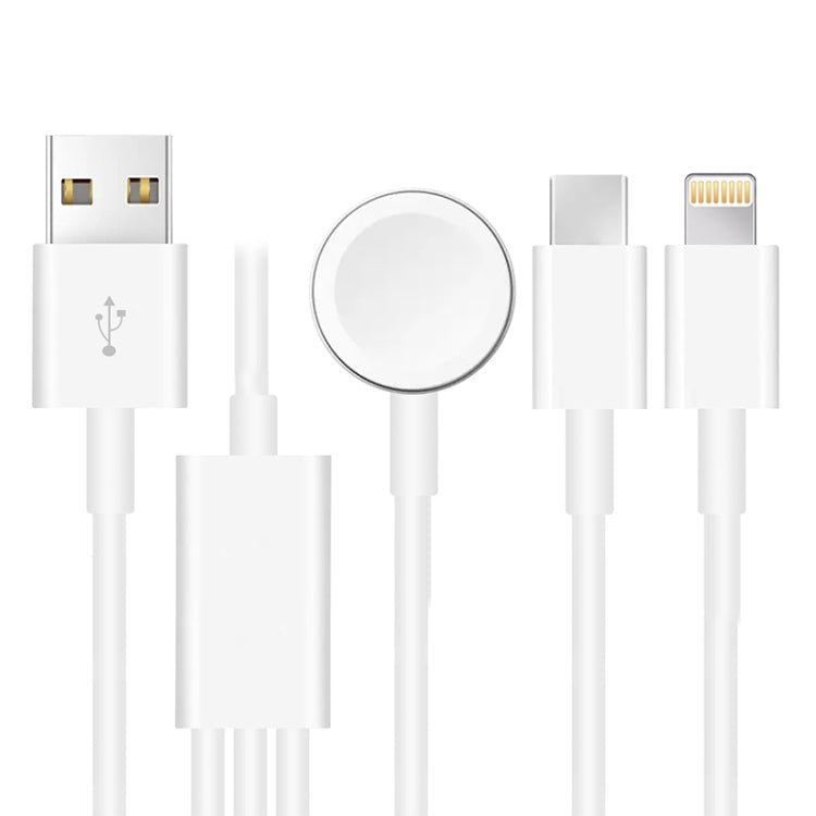 White 3-in-1 charging cable set with Apple Watch magnetic puck and Type-C connectors