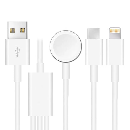 White 3-in-1 charging cable set with Apple Watch magnetic puck and Type-C connectors