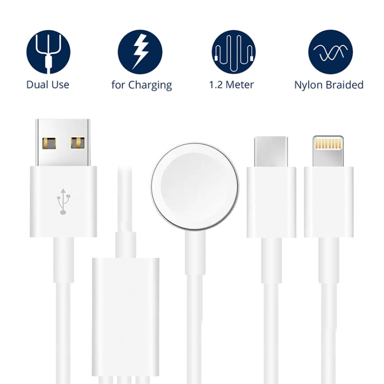 White 3-in-1 USB magnetic charging cable with Apple Watch puck and Type-C charging tip