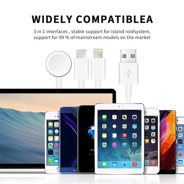3-in-1 charging cable with Apple Watch magnetic puck and Lightning/Type-C connectors