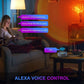 Smart RGB sunset projector lamp on a bedside table, projecting warm color light