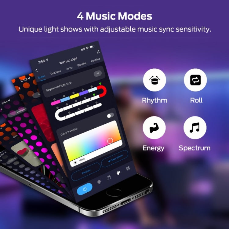 Smartphone app showing music modes for color-changing RGB LED light tubes