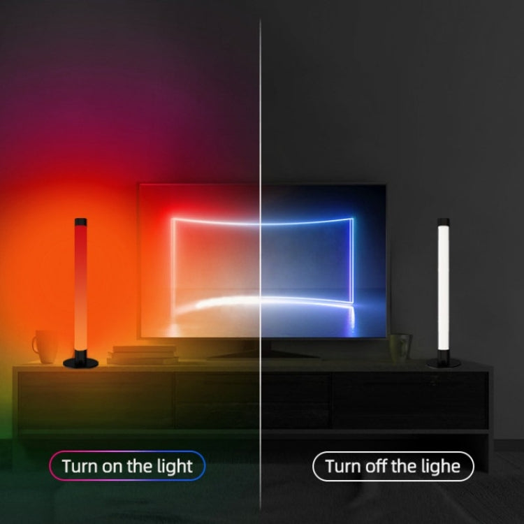 Two color-changing RGB LED light tubes on stands with bright red and blue glow