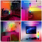 Four room scenes featuring color-changing RGB LED light tubes on stands
