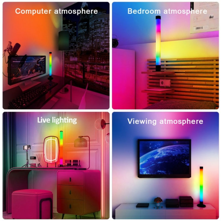 Four room scenes featuring color-changing RGB LED light tubes on stands