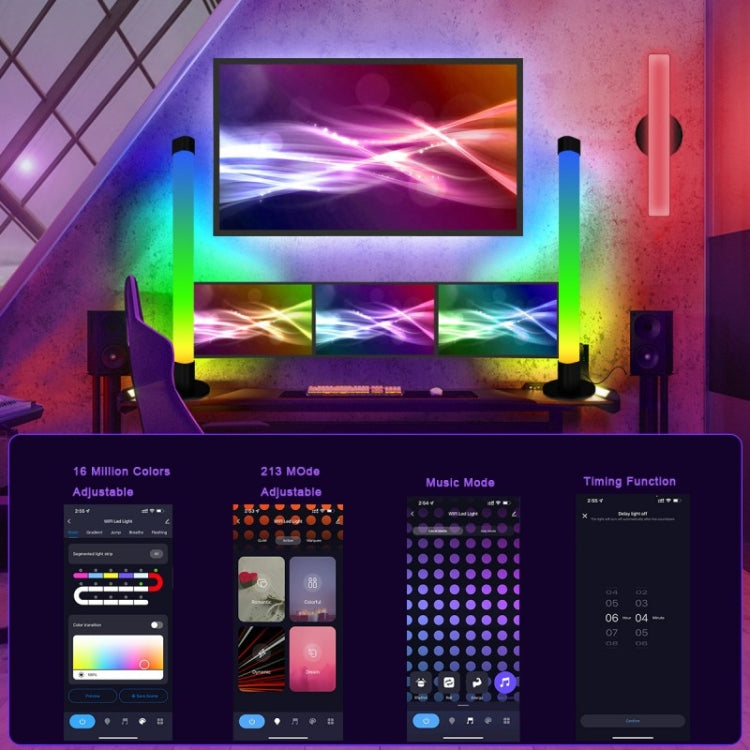 Pair of RGB LED light tubes beside a TV with colorful ambient lighting