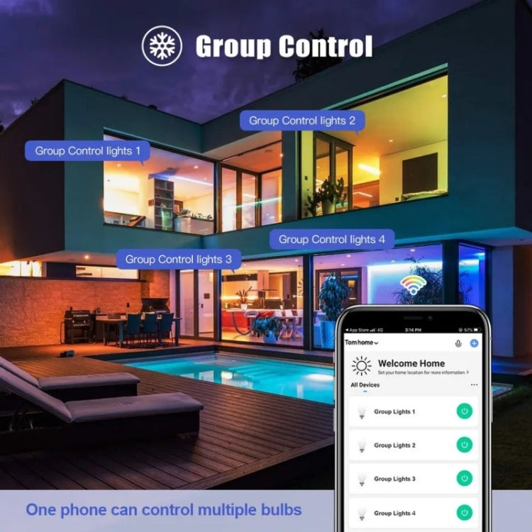 Wi‑Fi RGB smart bulb group control on smartphone app