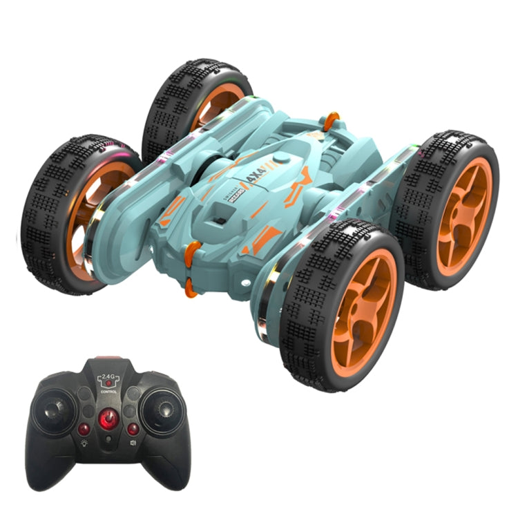 Blue and orange 4WD remote control stunt car with four large tread tires and orange rims