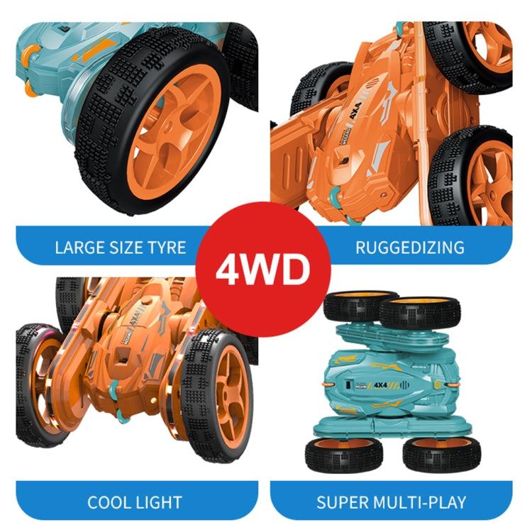 4WD remote control stunt car close-up with orange wheels and rugged tread tires